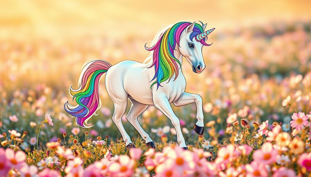A whimsical rainbow-colored unicorn, its horn shimmering with enchanting iridescence, gracefully stepping amidst a field of pastel-hued flowers. The unicorn's mane and tail flow ethereally, cascading in vibrant waves of color. The scene is bathed in warm, golden lighting, casting a soft, dreamlike glow. In the foreground, a delicate floral border frames the magical creature, inviting the viewer to color and explore this captivating printable unicorn scene.