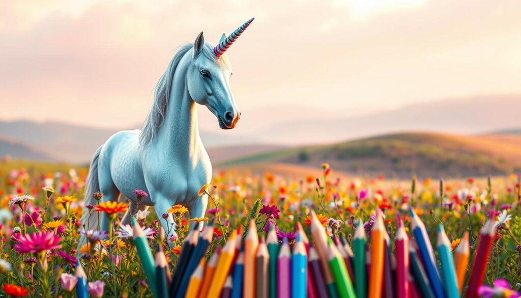 A whimsical scene of a magical unicorn coloring page, with a majestic unicorn standing in a vibrant field of wildflowers. The unicorn's coat shimmers with a soft, pearlescent glow, its horn a spiral of iridescent light. In the foreground, an array of colorful pencils, markers, and crayons are scattered, inviting the viewer to bring the unicorn to life with their artistic touch. The background features a dreamy, soft-focus landscape, with rolling hills and a hazy, pastel sky. The lighting is warm and gentle, casting a warm glow over the entire scene. The overall mood is one of enchantment, creativity, and the boundless imagination of the unicorn.