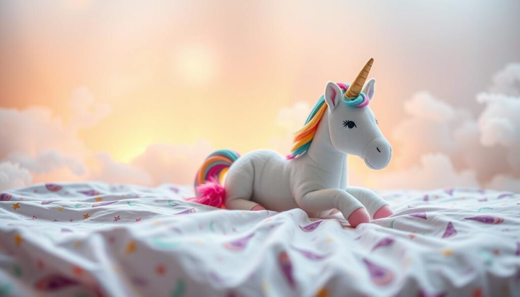 A whimsical scene of colorful unicorn-themed bedding, with a soft, pastel palette and a dreamlike atmosphere. In the foreground, a plush, rainbow-maned unicorn lies atop a bed, its horn glowing with a magical aura. The bedsheets feature a delicate pattern of stars, moons, and swirling patterns in shades of lavender, mint, and peach. In the middle ground, the bed is surrounded by fluffy clouds and ethereal lighting, creating a sense of wonder and enchantment. The background is a hazy, gradient sky, adding to the tranquil and serene mood. Soft, diffused lighting casts a warm, cozy glow over the entire scene, making it inviting and welcoming for young, imaginative minds.