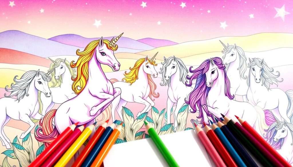 A whimsical scene of vibrant unicorn coloring pages, the mythical creatures depicted in rich, saturated hues. In the foreground, a collection of detailed line art illustrations, each unicorn pose captured with intricate linework and flowing manes. The middle ground features a variety of coloring mediums - colored pencils, markers, and watercolors - suggesting the creative possibilities. In the background, a soft, dreamy landscape with gentle hills and a starry night sky, creating a sense of magical escapism. The lighting is warm and inviting, enhancing the sense of wonder and enchantment. The overall atmosphere is one of boundless imagination and the boundless joy of artistic expression.