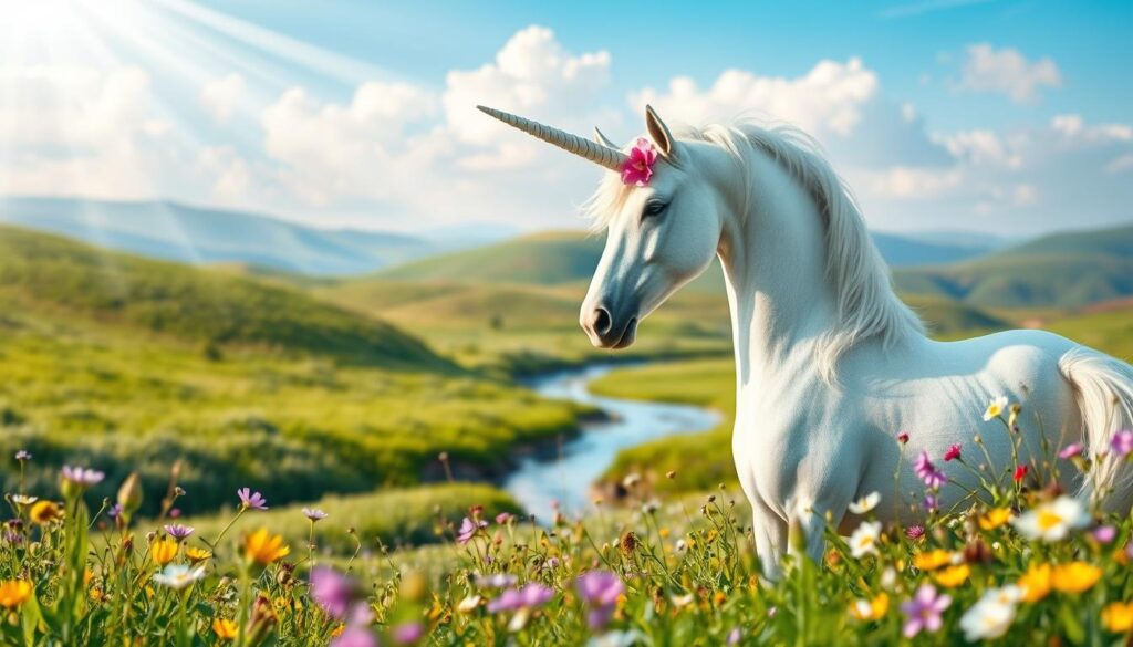A whimsical spring scene with a graceful unicorn in the foreground, its horn adorned with delicate pink blossoms. The unicorn stands amid a field of lush greenery, wildflowers in shades of purple, yellow, and white dotting the landscape. A soft, warm light filters through wispy clouds overhead, casting a gentle glow over the serene tableau. In the middle ground, a tranquil stream winds its way through the verdant setting, its surface reflecting the azure sky above. The background features rolling hills in the distance, hazy and dreamlike, creating a sense of depth and immersion. The overall atmosphere is one of tranquility, wonder, and the rejuvenating essence of the spring season.
