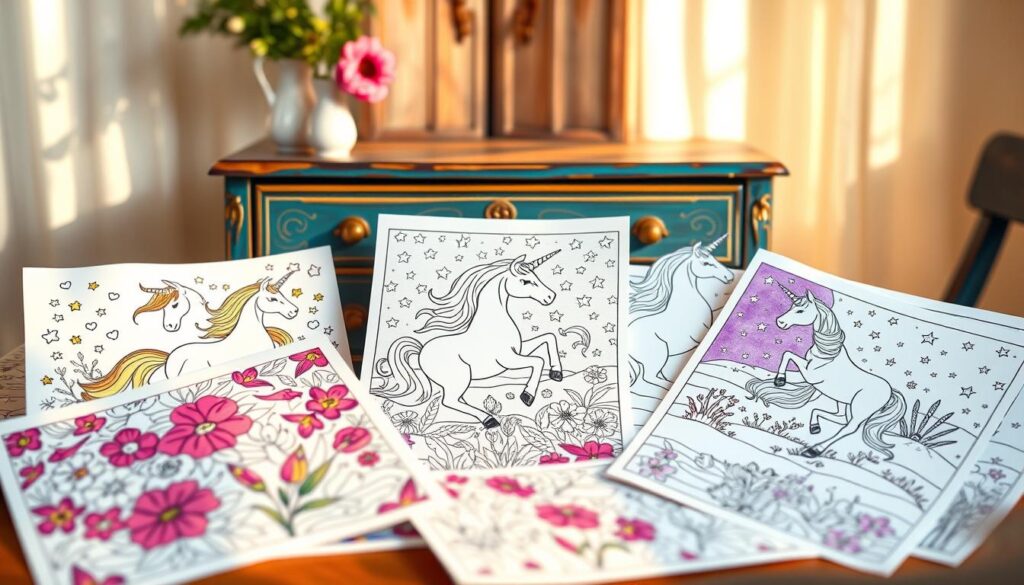 A whimsical tableau of themed unicorn coloring pages, bathed in soft, natural light. In the foreground, a vibrant array of pages showcasing unicorns in various fantastical settings - a unicorn surrounded by rainbow-hued flowers, another galloping through a starry night sky, and one peacefully resting in a meadow. The pages are arranged artfully, their edges gently curled, inviting the viewer to pick them up and begin coloring. In the middle ground, a vintage-inspired wooden table or desk provides a rustic, earthy backdrop, while the background fades into a warm, dreamy atmosphere, hinting at the boundless creativity and endless possibilities within these themed coloring pages.