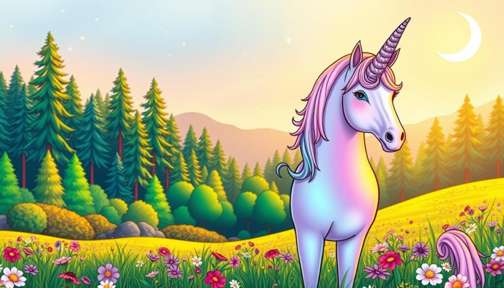 A whimsical unicorn coloring page comes to life, filled with vibrant hues and enchanting details. In the foreground, a majestic unicorn stands proudly, its horn adorned with a shimmering spiral. The creature's coat is a kaleidoscope of pastel shades, from soft lavender to iridescent pink. In the middle ground, a lush forest of emerald trees and flowering meadows provide a serene backdrop, bathed in warm, diffused lighting. The background features a dreamy, starry sky, with a crescent moon casting a gentle glow over the entire scene. The overall mood is one of tranquility and personal expression, inviting the viewer to immerse themselves in a personalized unicorn coloring experience.