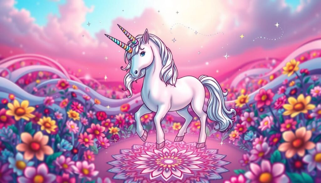 A whimsical unicorn, its iridescent horn gleaming, stands amidst a swirling field of vibrant flowers. The unicorn's mane flows like liquid silver, accented by delicate stars that twinkle against a softly hued sky. In the foreground, a mandala-inspired pattern radiates from the unicorn's hooves, creating a mesmerizing focal point. Diffused lighting casts a dreamlike glow, inviting the viewer to imagine coloring in the scene with rich, saturated hues. This fantastical image captures the essence of customizable unicorn coloring pages, perfect for sparking creativity and imagination.