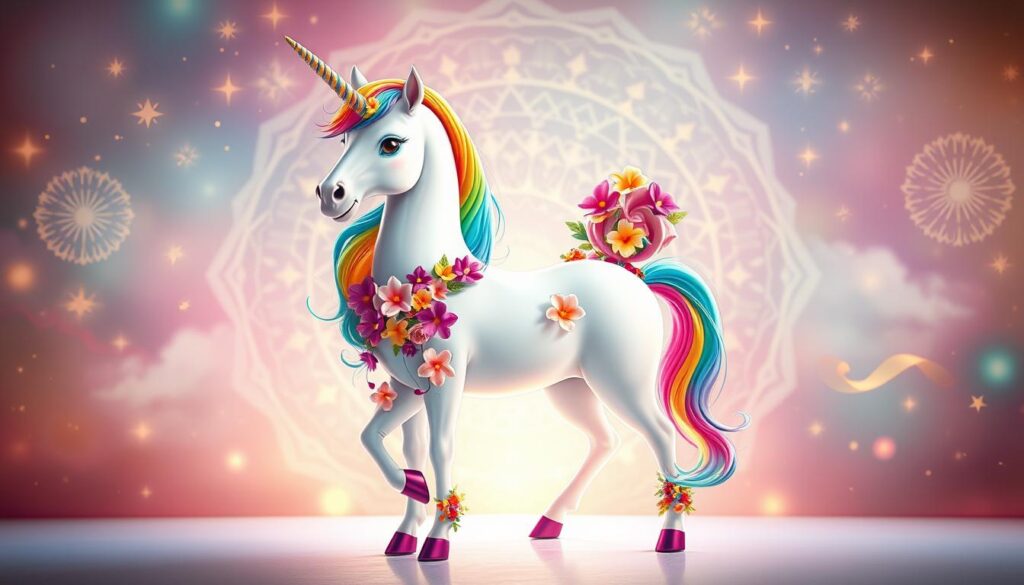 A whimsical unicorn standing proudly, adorned with a rainbow mane and vibrant flowers cascading across its body. The unicorn is set against a dreamy, pastel-hued background filled with shimmering stars and delicate mandalas, creating a captivating and enchanting scene. The lighting is soft and diffused, casting a warm, magical glow over the entire composition. The image is framed in a way that allows the viewer to appreciate the intricate details and vibrant colors of the finished artwork, inviting them to imagine displaying this colorful creation.