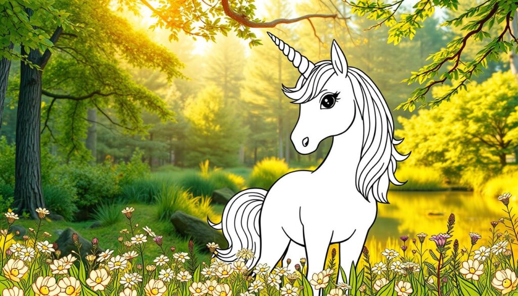 An enchanting eco-friendly unicorn coloring page, set against a lush forest backdrop with vibrant greenery and sunlit clearings. In the foreground, a whimsical unicorn with a shimmering horn and flowing mane stands amidst a bed of wildflowers, its gentle gaze conveying a sense of harmony with nature. The middle ground features a variety of leaf-bearing trees, their branches swaying gently in a soft breeze. In the background, a serene pond reflects the surrounding foliage, creating a calming atmosphere. The lighting is warm and diffused, casting a golden glow over the entire scene, evoking a sense of tranquility and environmental preservation.