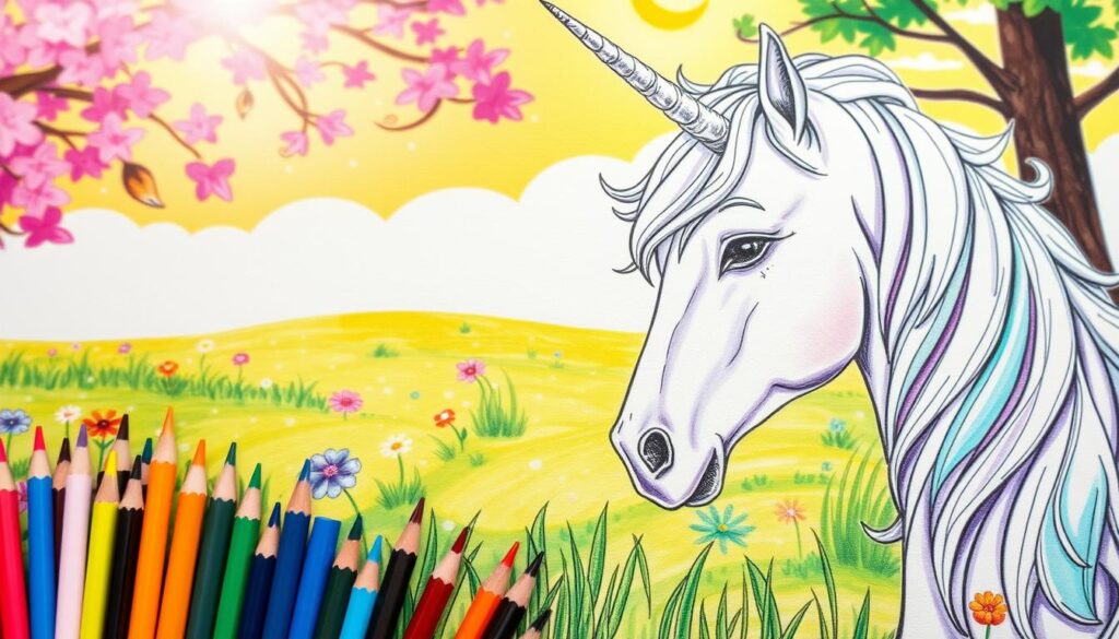 Detailed coloring techniques unfold on a vibrant unicorn canvas. In the foreground, an array of colored pencils, markers, and watercolor paints create a spectrum of hues. The middle ground showcases a unicorn's flowing mane, delicately shaded with soft, blended strokes. In the background, a whimsical meadow provides a serene backdrop, illuminated by warm, natural lighting that casts a magical glow. The overall composition exudes a sense of creativity, experimentation, and artistic expression, inspiring the viewer to explore unique coloring styles for their unicorn illustrations.