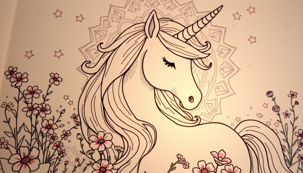 Detailed illustrated unicorn coloring book page, featuring a whimsical unicorn with a flowing mane and horn, surrounded by vibrant wildflowers, twinkling stars, and a delicate mandala motif in the background. The unicorn is rendered with soft, textured brushstrokes and a gentle, dreamlike quality, creating a peaceful, enchanting atmosphere. Lit by warm, diffused lighting that casts a magical glow, encouraging a sense of tranquility and creativity. Composition is balanced, with the unicorn as the focal point, framed by the floral and celestial elements. Suitable for a relaxing, themed coloring session.