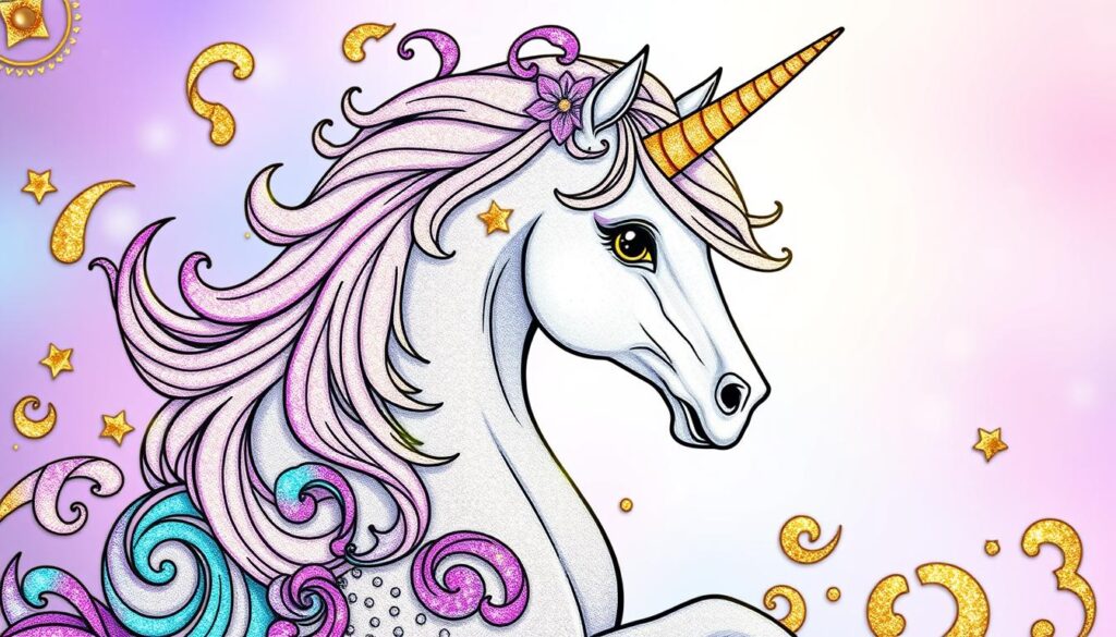 Detailed unicorn coloring page with vibrant hues, intricate patterns, and a shimmering layer of glitter. Foreground features a majestic unicorn with a flowing mane and horn, surrounded by whimsical swirls and floral motifs. Soft, diffused lighting creates a dreamlike, enchanted atmosphere. Middle ground showcases a spectrum of metallic pigments, including gold, silver, and iridescent highlights, adding depth and dimension. Background has a subtle gradient, transitioning from cool blues to warm pinks, creating a mystical, otherworldly ambiance. Crisp, high-resolution image with a touch of magical realism.