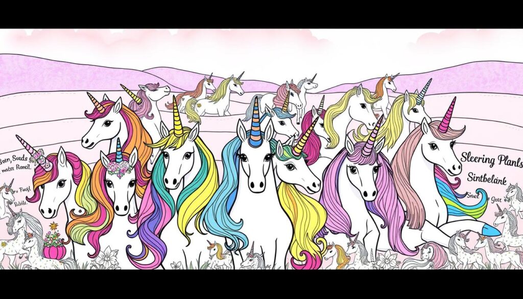 Diverse unicorn coloring pages featuring a vibrant array of magical creatures. In the foreground, a cluster of uniquely styled unicorns with intricate horn patterns, manes of rainbow hues, and whimsical expressions. In the middle ground, an assortment of unicorns in different poses, some with floral details, others with abstract geometric designs. The background showcases a serene, pastel-colored landscape with soft lighting, creating a dreamy, imaginative atmosphere. The overall composition conveys a sense of creativity, inclusivity, and the boundless possibilities of unicorn-themed coloring pages.