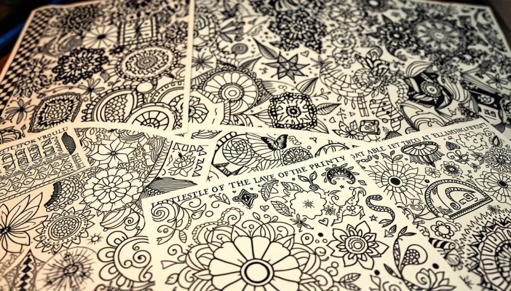 Intricate coloring sheets with detailed, whimsical designs fill the frame. The foreground features a diverse array of patterns, textures, and motifs - geometric shapes, flowing floral elements, spiraling abstractions, and playful doodles. The middle ground showcases a range of vibrant, saturated colors, with a subtle interplay of light and shadow. The background offers a soft, hazy backdrop, creating depth and a sense of immersion. Warm studio lighting casts a gentle glow, accentuating the depth and nuance of the intricate illustrations. Captured with a wide-angle lens for a comprehensive, immersive view, this image evokes a sense of creative engagement and imaginative exploration.