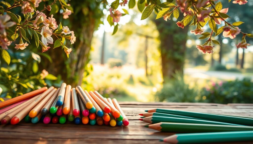 Vibrant and eco-friendly coloring materials in a serene natural setting. In the foreground, an assortment of biodegradable crayons, colored pencils, and watercolor paints in a range of earthy tones and vibrant hues. Arranged artfully on a wooden table, bathed in warm, soft lighting. In the middle ground, lush foliage frames the scene, with delicate flowers and leaves in shades of green, pink, and purple. The background features a tranquil outdoor landscape, perhaps a forest or garden, with sunlight filtering through the trees, creating a sense of calm and harmony. The overall mood is one of sustainability, creativity, and connection with nature.