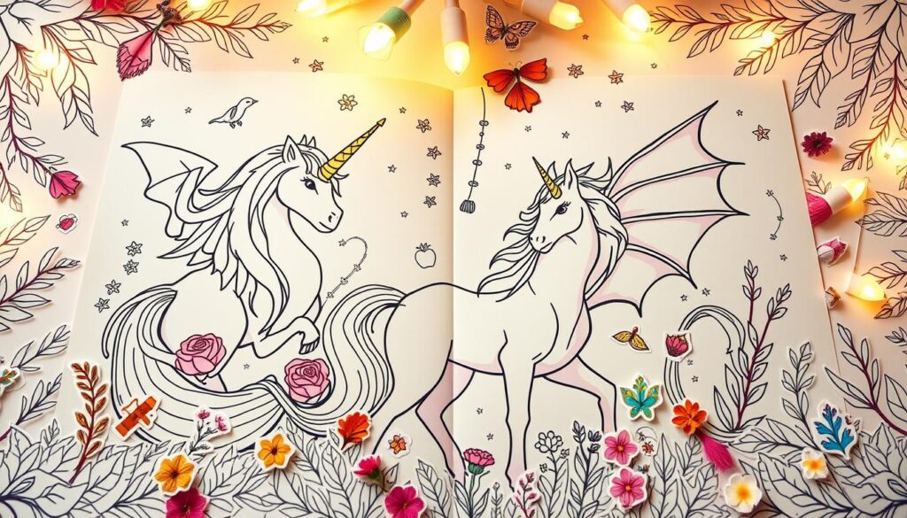 Vibrant fantasy animal coloring pages with an array of whimsical stickers scattered throughout, inviting creative expression. Warm, diffused lighting casts a soft glow, evoking a cozy, enchanted ambiance. Delicate floral and leaf patterns frame the pages, creating a sense of natural wonder. Mythical creatures such as unicorns, dragons, and griffins grace the center, their forms detailed and bursting with color. The stickers, in a variety of shapes and hues, offer endless opportunities for personalization and imaginative play. This immersive experience aims to elevate the simple act of coloring into a truly magical, immersive journey.