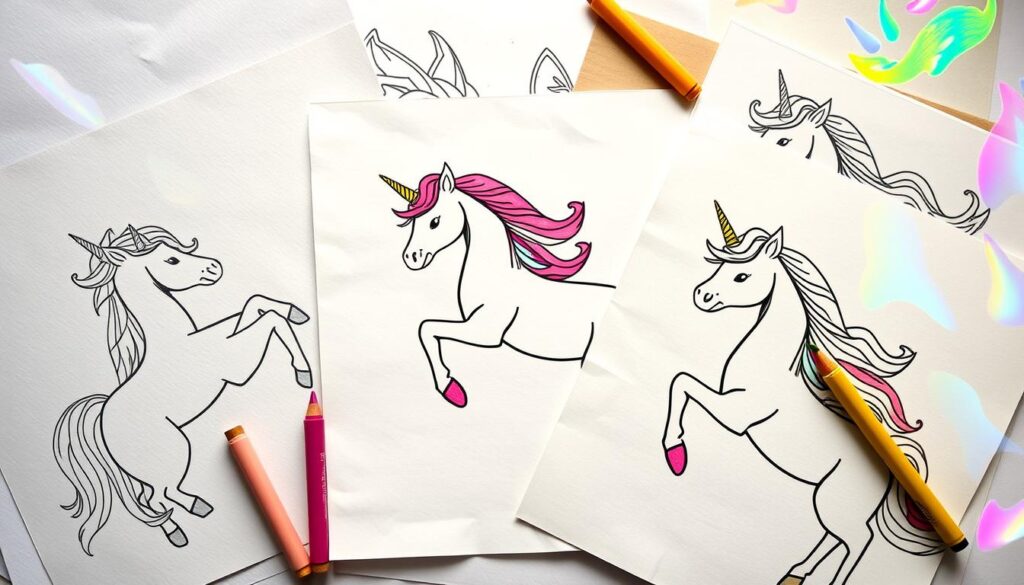Vibrant unicorn coloring pages arranged on a variety of paper textures and surfaces. Delicate pastel shades dance across smooth watercolor paper, bold strokes of crayon contrast on textured kraft, and metallic inks gleam on iridescent vellum. Soft, diffused lighting illuminates the scene, casting a dreamy, magical atmosphere. The pages are organized in a visually appealing, asymmetrical composition, highlighting the interplay of media and paper types. The unicorn illustrations burst with whimsical details, inviting the viewer to imagine the creative possibilities of coloring them in.