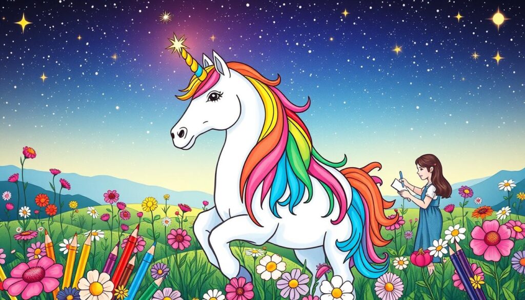 Vibrant, whimsical scene of a unicorn coloring community. In the foreground, a rainbow-maned unicorn stands majestically, its horn adorned with sparkling stars. Surrounding it, a group of diverse participants - children and adults alike - are immersed in the act of coloring, their hands wielding an array of vibrant markers and pencils. The middle ground features a lush, floral meadow, with blooming flowers in every color of the rainbow. In the background, a starry night sky provides a serene and enchanting backdrop, lending an air of magic and wonder to the entire composition. Soft, diffused lighting casts a warm, inviting glow over the entire scene, creating a sense of joy, creativity, and community.